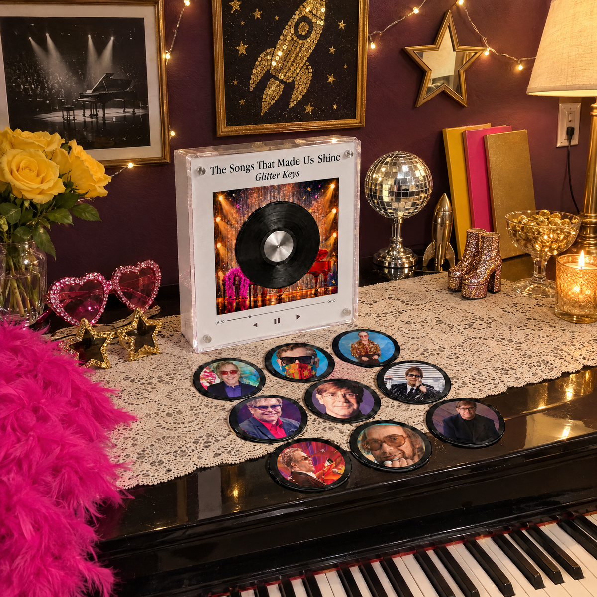 Glitter Keys music box with nine discs on a piano in an Elton John fan's glam corner